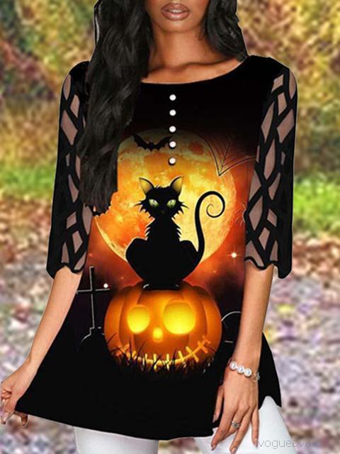 Halloween Pumpkin Print Mesh Top