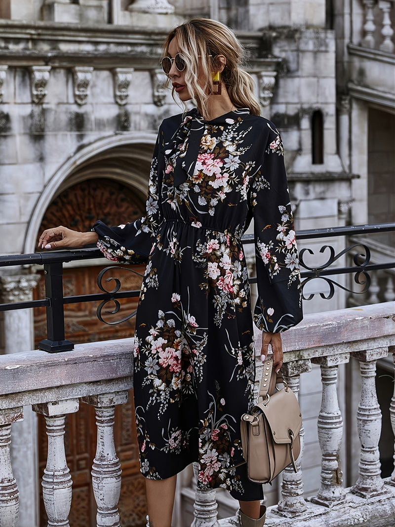 Floral Print Split Tie High Neck Square Neck A-Line Midi Dress