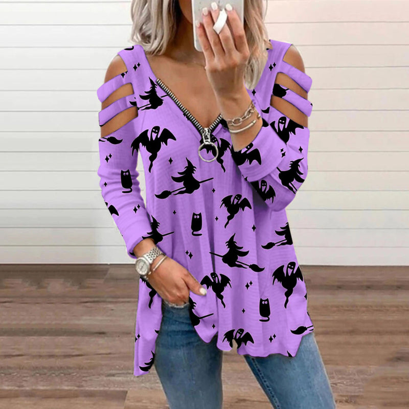 Halloween Print Cold Shoulder Blouse