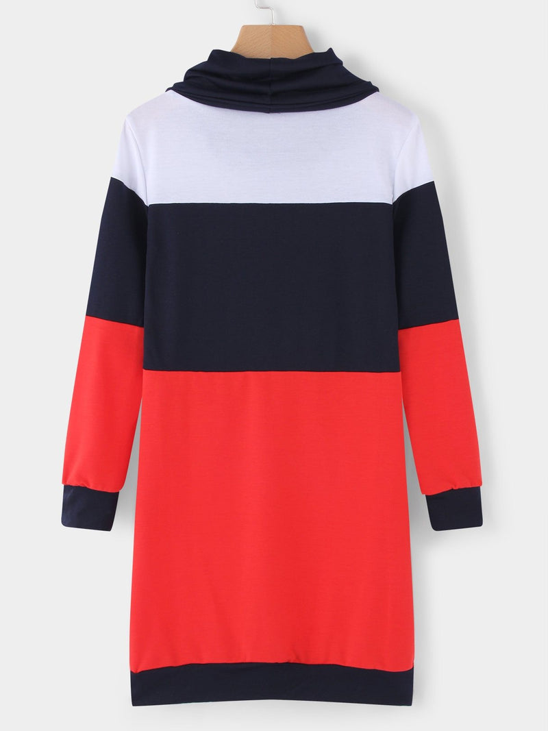 Navy Polo Neck With Drawstring Stitching Design Pullover Dress - Landing Closet