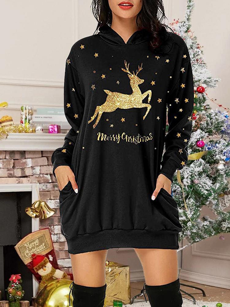 Christmas Print Casual Pocket Long Hoodie