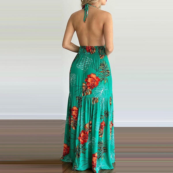 Double Sphaghetti Strap Sleeveless Backless Floral Maxi Dress