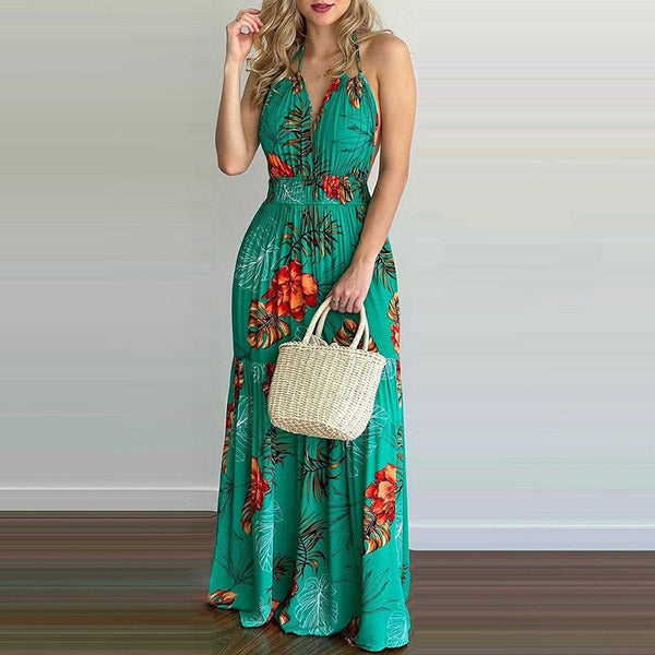 Double Sphaghetti Strap Sleeveless Backless Floral Maxi Dress