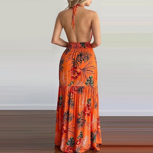 Double Sphaghetti Strap Sleeveless Backless Floral Maxi Dress