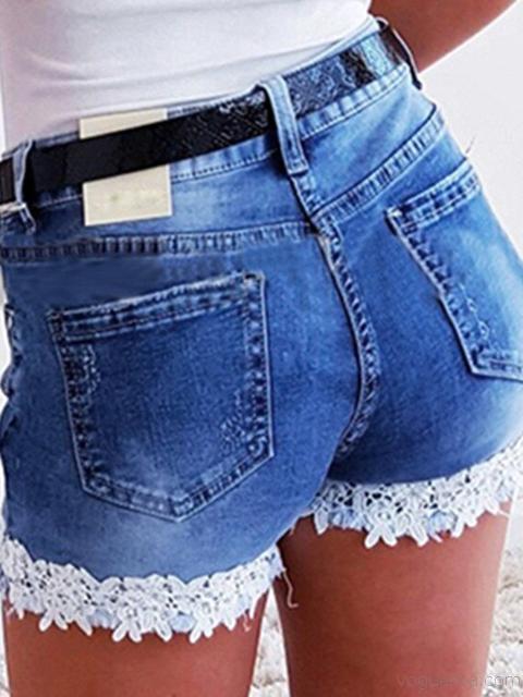 Denim Lace Print Slim Shorts