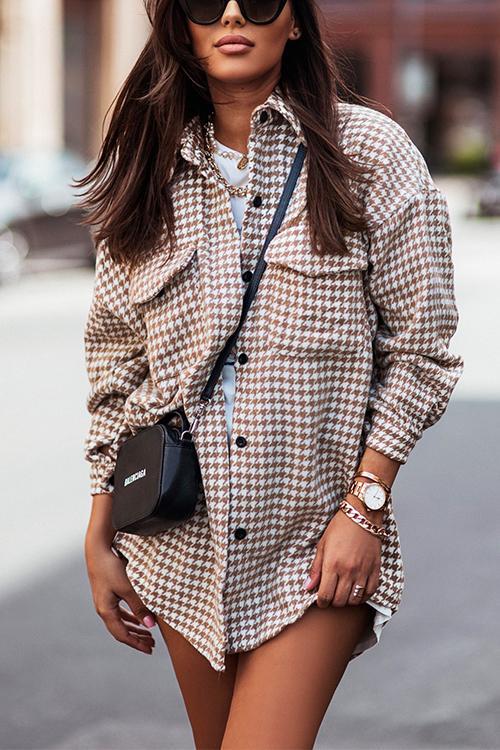 Houndstooth Button Down Plaid Outwear Shirt