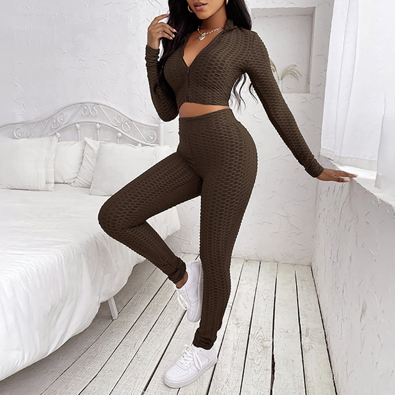 Long Sleeve V Neck Zip Up Top with Pants Set