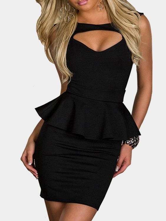 Black Cut Out Flounce Peplum High-waist Sleeveless Sexy Party Dress - Landing Closet