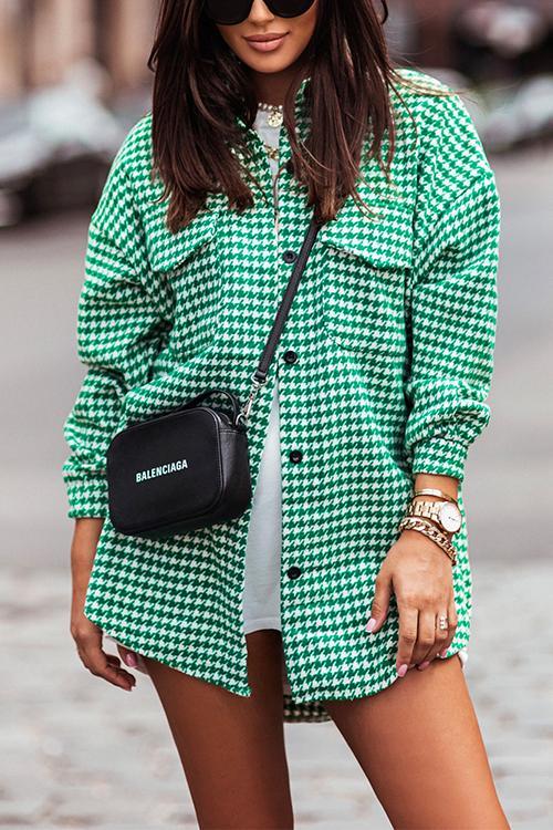 Houndstooth Button Down Plaid Outwear Shirt