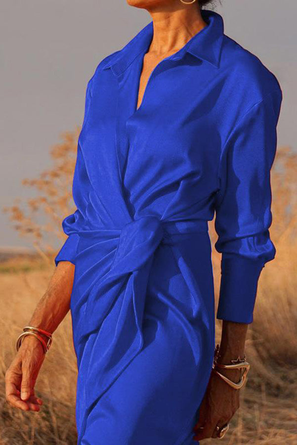 Shimmer In Your Eyes Satin Wrap Shirt Maxi Dress