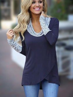 Navy Long Sleeve Stripe Casual Irregular Hem T-shirt - Landing Closet