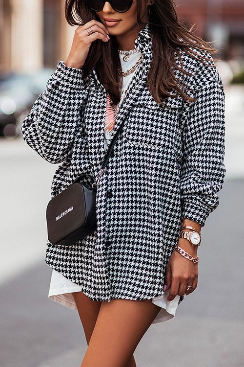 Houndstooth Button Down Plaid Outwear Shirt