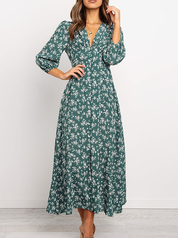 Vintage Ditsy Floral Lantern Long Sleeve Dress