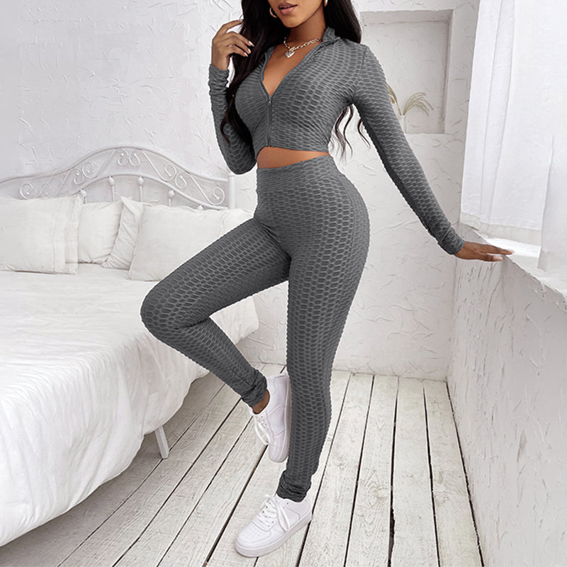 Long Sleeve V Neck Zip Up Top with Pants Set