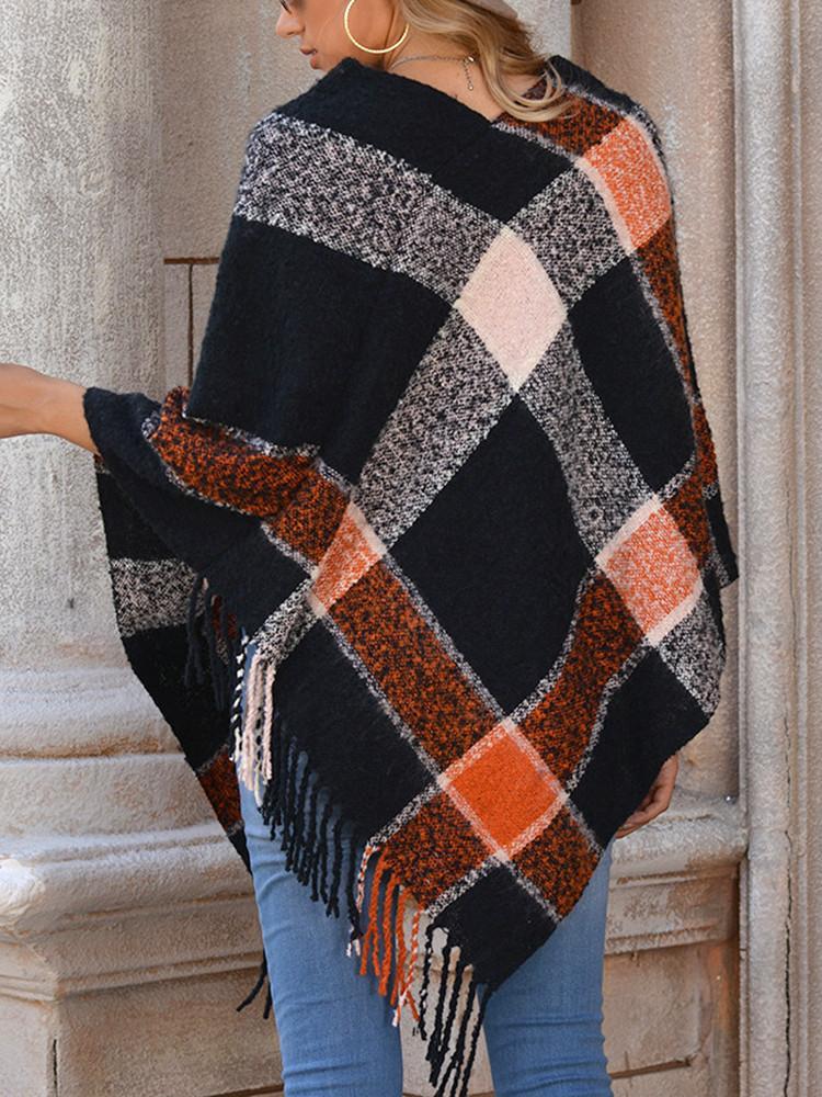 Fringe Hem Shawl Plaid Coat