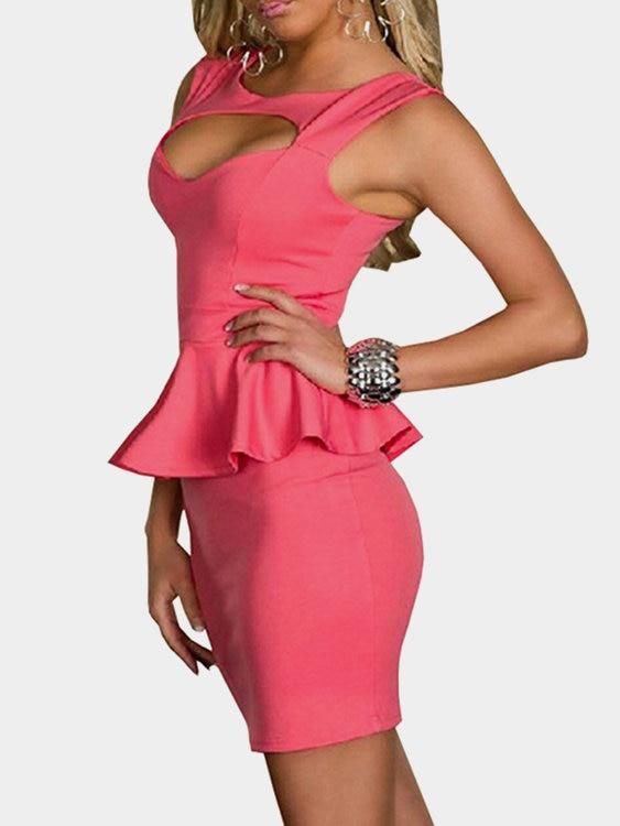 Pink Cut Out Flounce Peplum High-waist Sleeveless Sexy Party Dress - Landing Closet