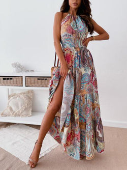 Halter Neck Sleeveless Elastic Waist Maxi Dress