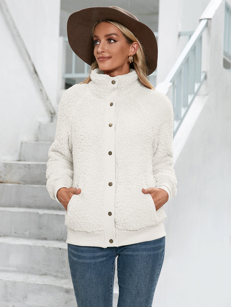 Turtle Neck Long Sleeve Button Down Fleece Sweater Coat