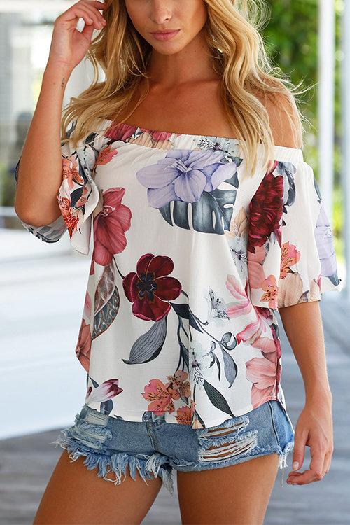 Floral Off Shoulder Blouse Irregular Hem - Landing Closet