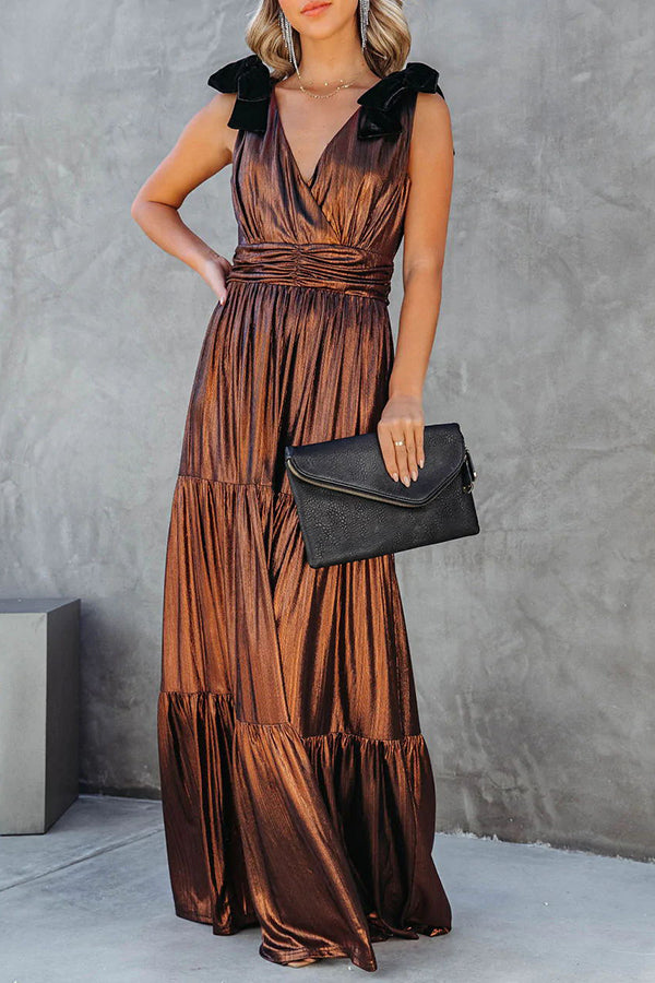 Charming Days Velvet Shoulder Tie Metallic Maxi Dress