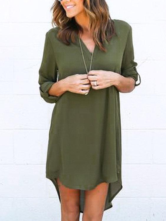 Coffee V-neck Long Sleeves Irregular hem Chiffon Dress - Landing Closet