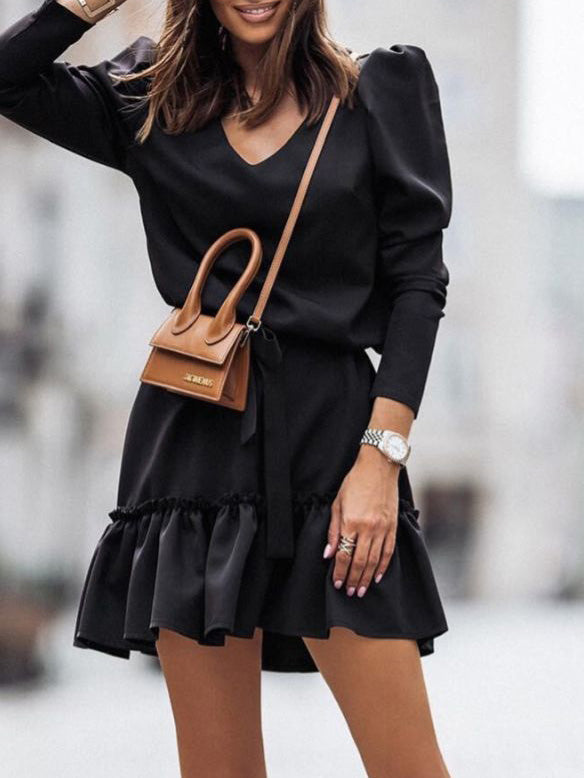 Women's Dresses V-Neck Tie Long Sleeve Ruffle Dress