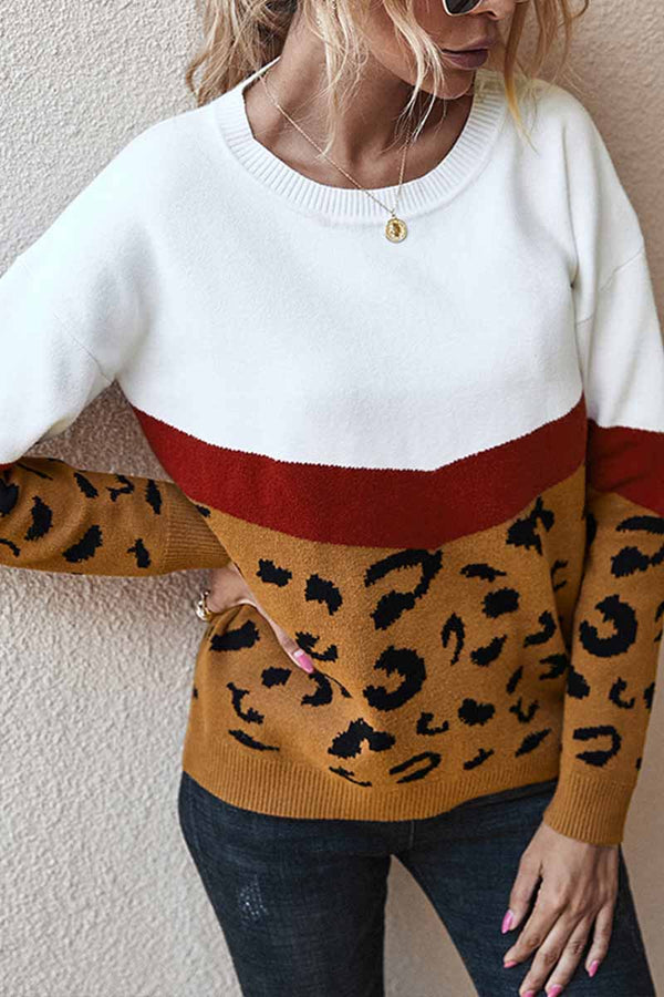 Florcoo Leopard  Splice Contrast O-neck Sweater