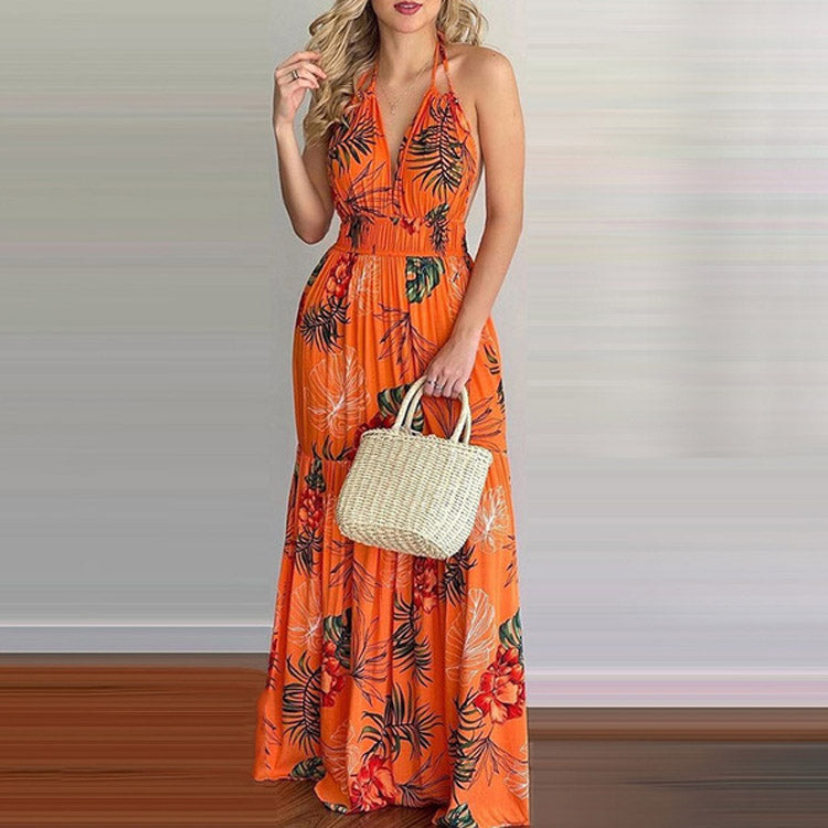 Double Sphaghetti Strap Sleeveless Backless Floral Maxi Dress