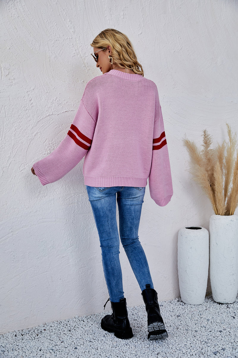 Heart Printed Round Neck Knit Sweater