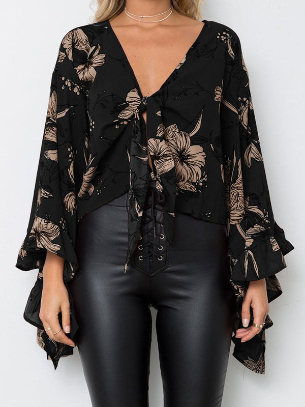 Long Sleeve Floral V-neck Irregular Hem Top