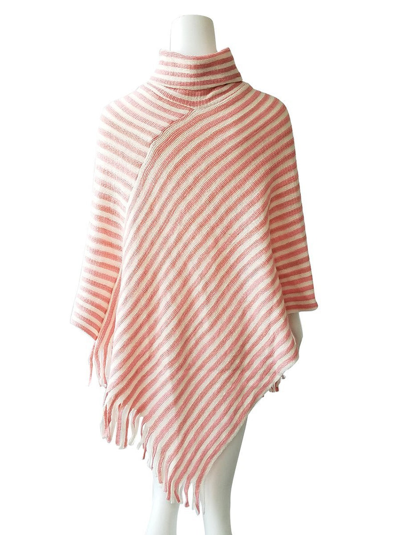 Striped Cape With Turtleneck Knitted Pullover