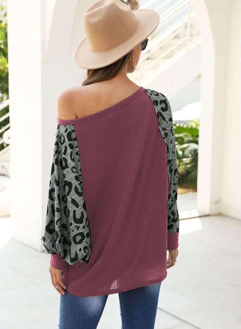 Camouflage Leopard Off Shoulder Batwing Sleeve Shirt