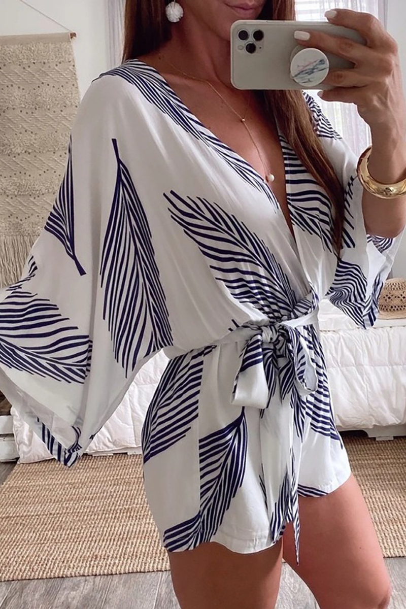 V-neck Tie Leaf Print Casual Jumpsuit