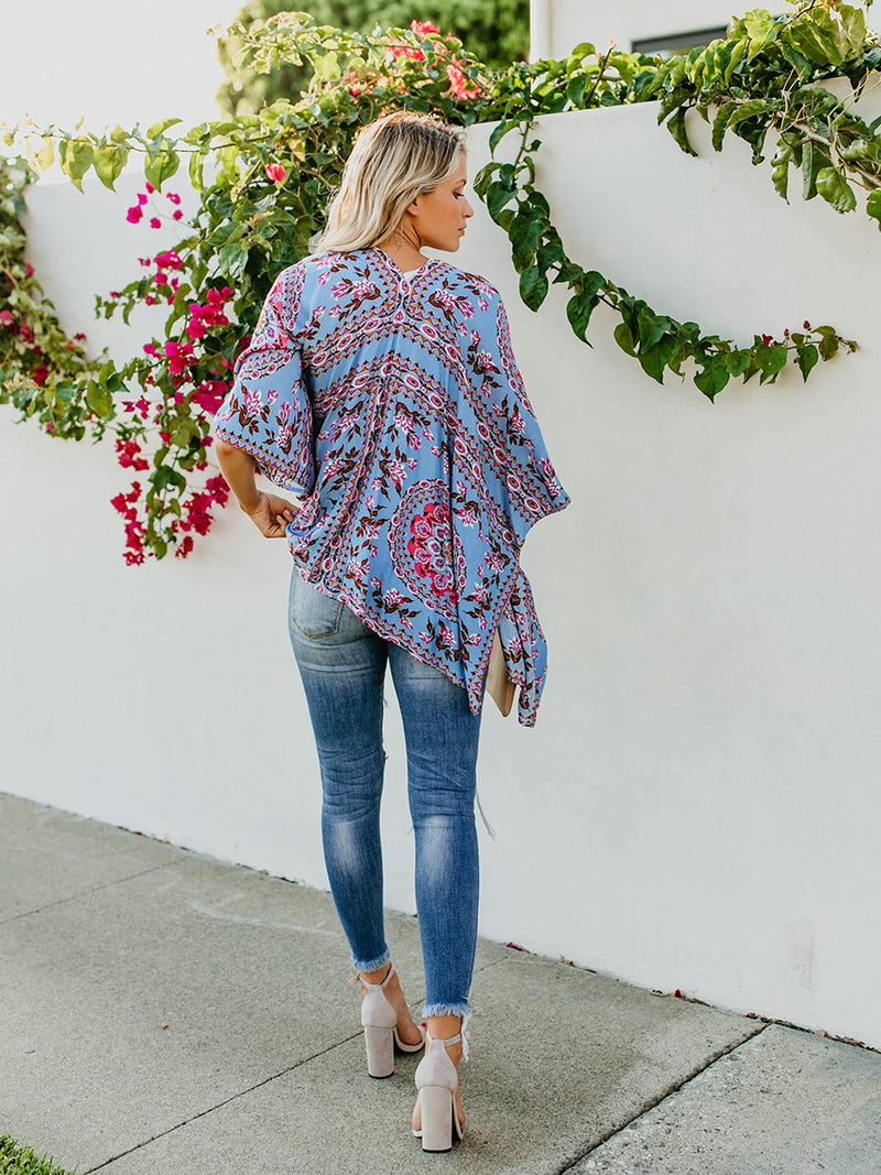 Floral Print Front Open Short Sleeve Cardigan - Landing Closet