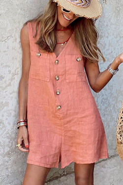 Button V Neck Pockets Romper