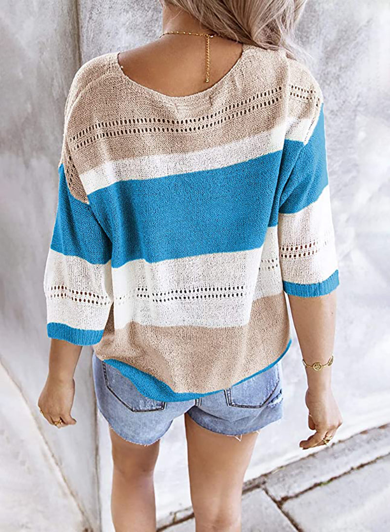 V Neck 3/4 Sleeve Knit T-shirt Tops