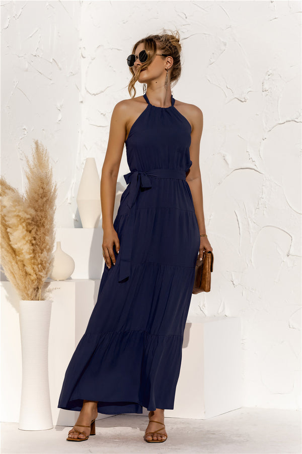 Tie Waist Round-Neck Spaghetti Strap Backless Maxi Dress