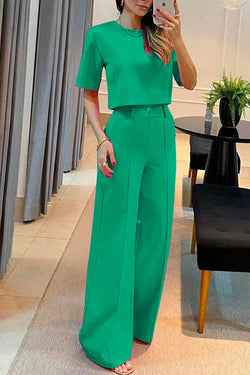 Crewneck Short Sleeve Crop Top Wide Leg Palazzo Pants Outfits Set