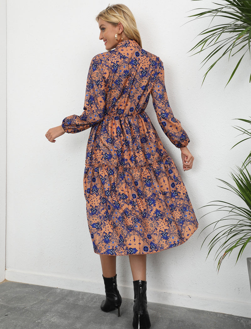 Casual Long Sleeve Floral Midi Dress