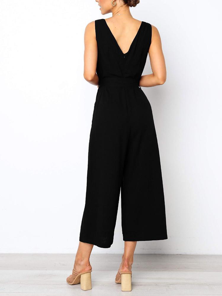 V-neck Solid Color Wide Leg Jumpsuit