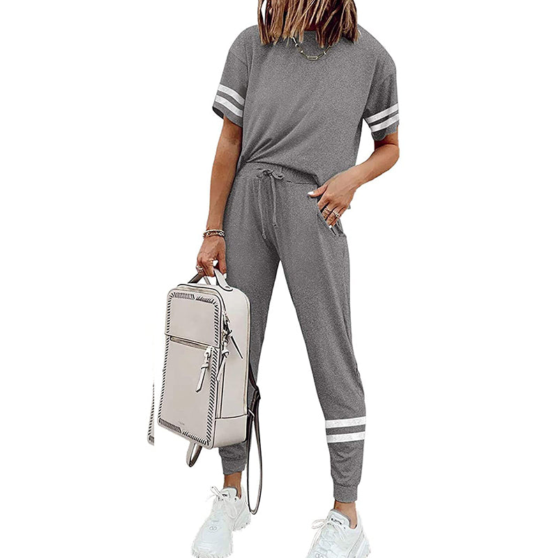 Casual 2 Piece Short Sleeve Drawstring Sweatsuit Set