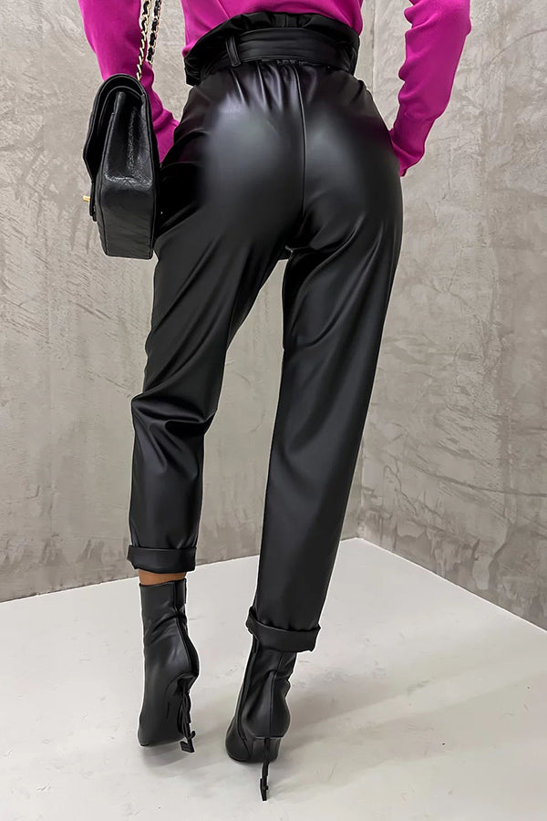 The Dash Petal Waist Pocketed Faux Leather Pants