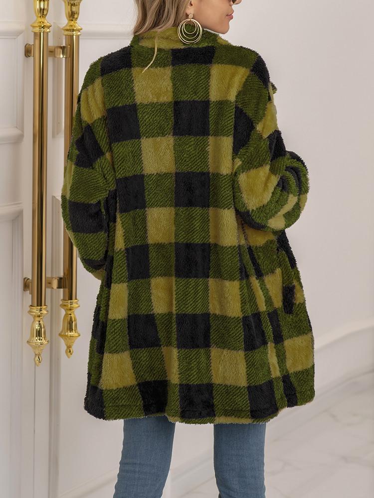 Plush Plaid Lapel Button Loose Coat