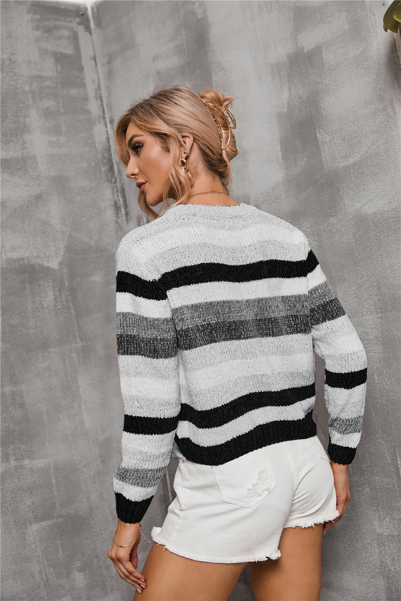 Crew Neck Long Sleeve Knit Color Block Sweater