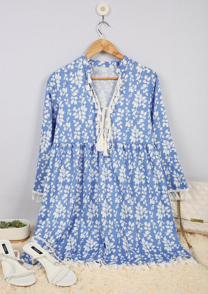 Chic Blue Printed V-Neck Loose Tassel Dress-