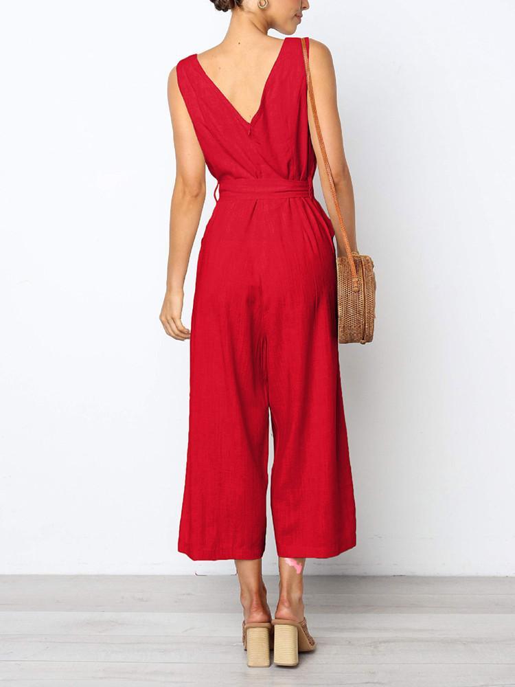 V-neck Solid Color Wide Leg Jumpsuit