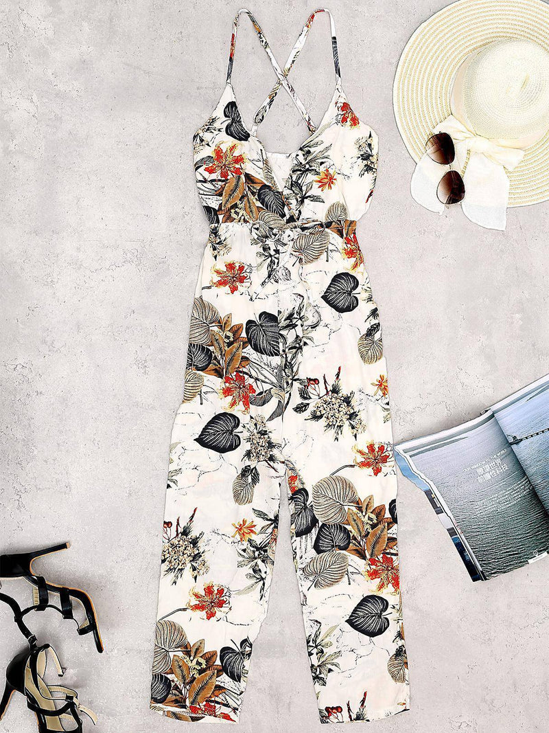 Floral Print V-neck Sleeveless Jumpsuit - Landing Closet