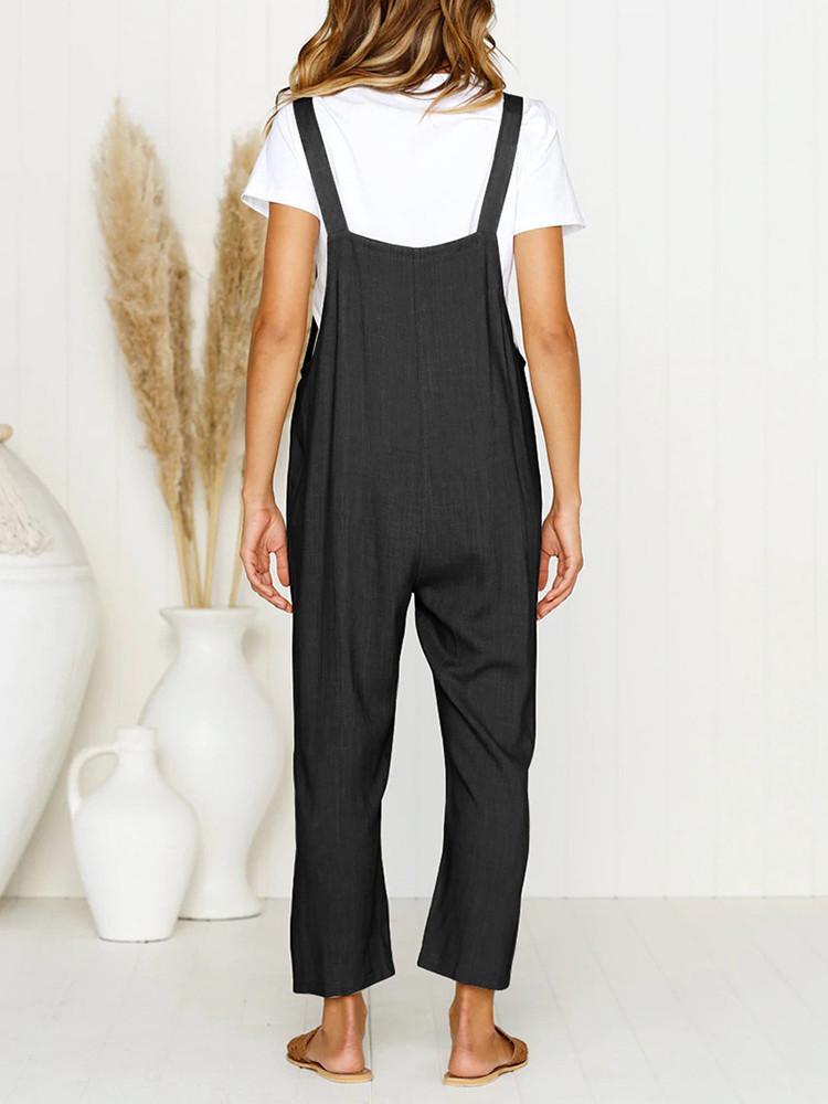 Pocket Solid Wide Leg Strappy Jumpsuit Overalls