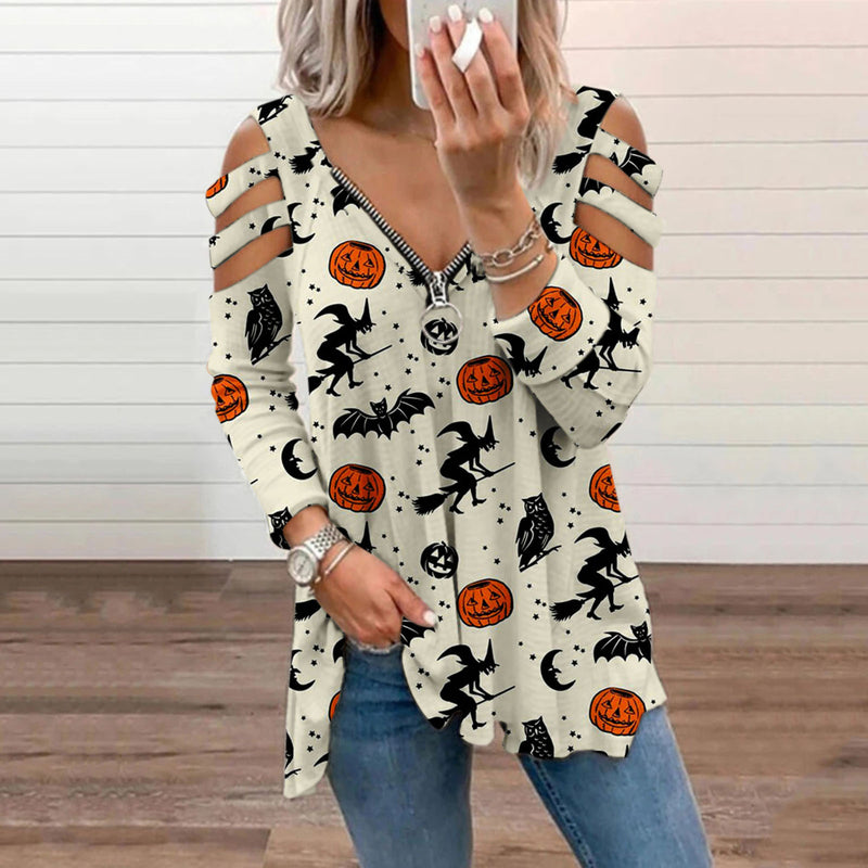 Halloween Print Cold Shoulder Blouse