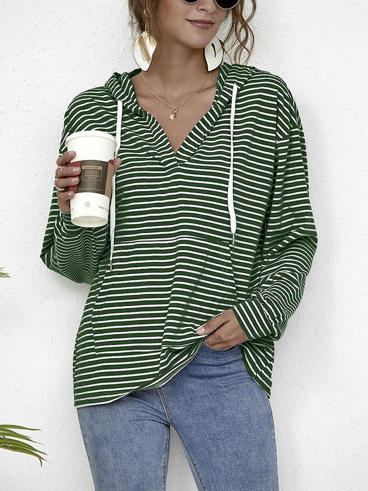 Striped Pocket Drawstring Loose Hoodie